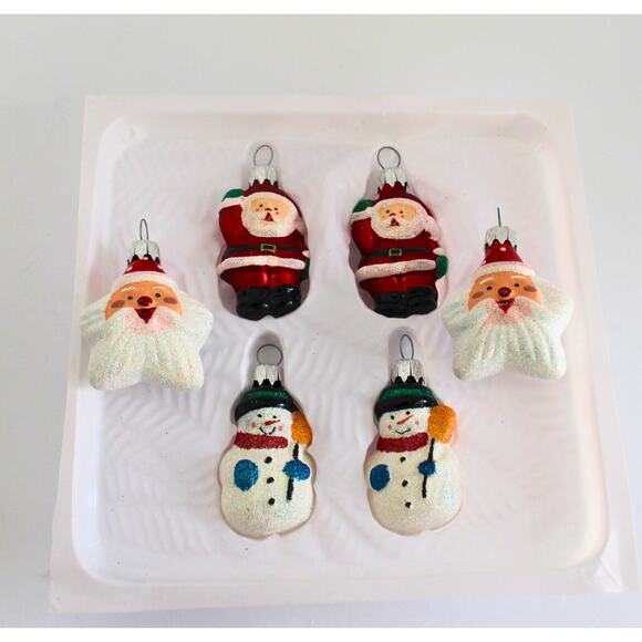 Vintage Holiday Time Glass Ornaments Set 6 Santa Christmas Snow Man Retro - Picture 1 of 9